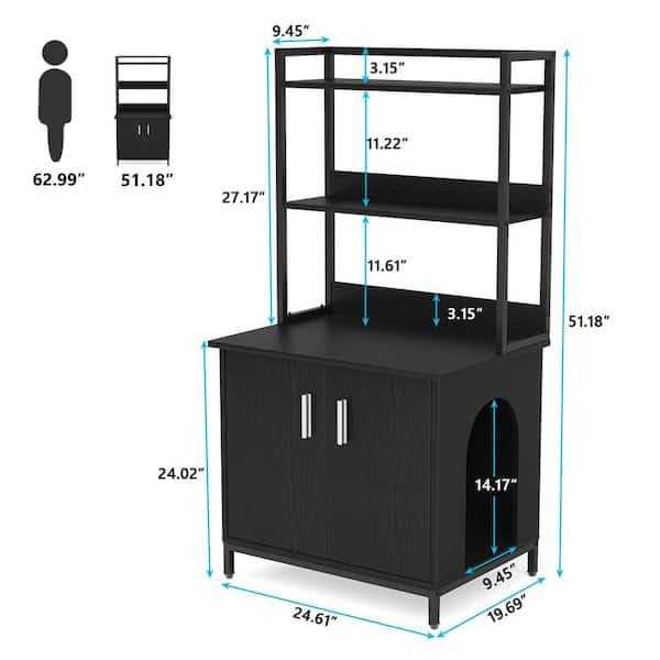 Black Litter Box Enclosure with Shelves and Doors C950
