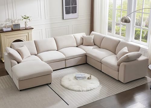 Cream Modular Sectional Sofa with Ottoman 7 Seater L-Shaped X8467