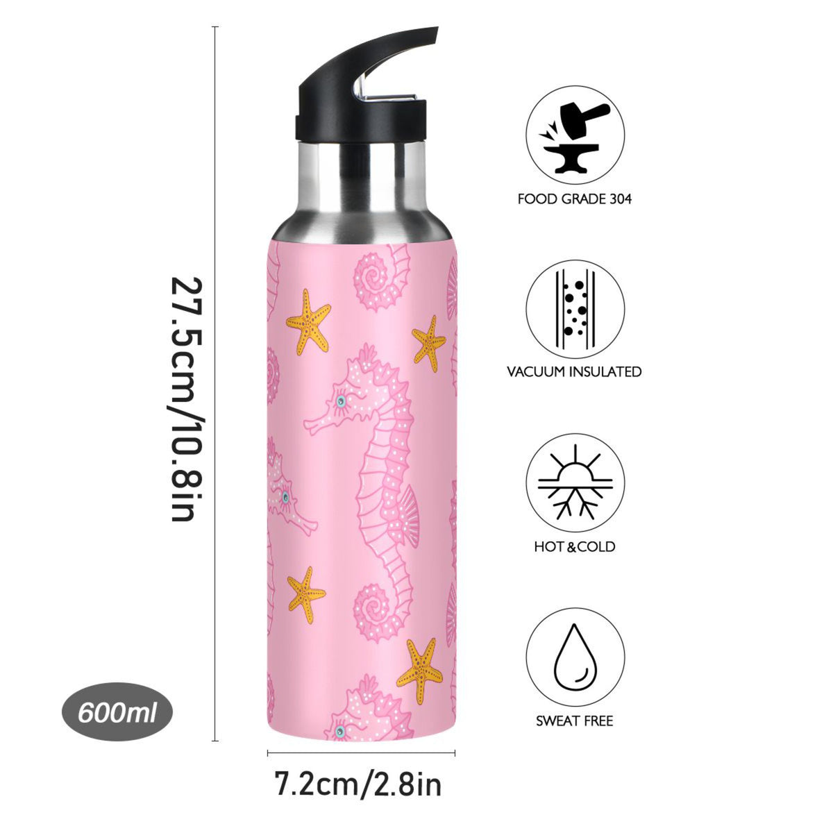 Pink Seahorse Starfish Stainless Steel Insulated Water Bottle F64998