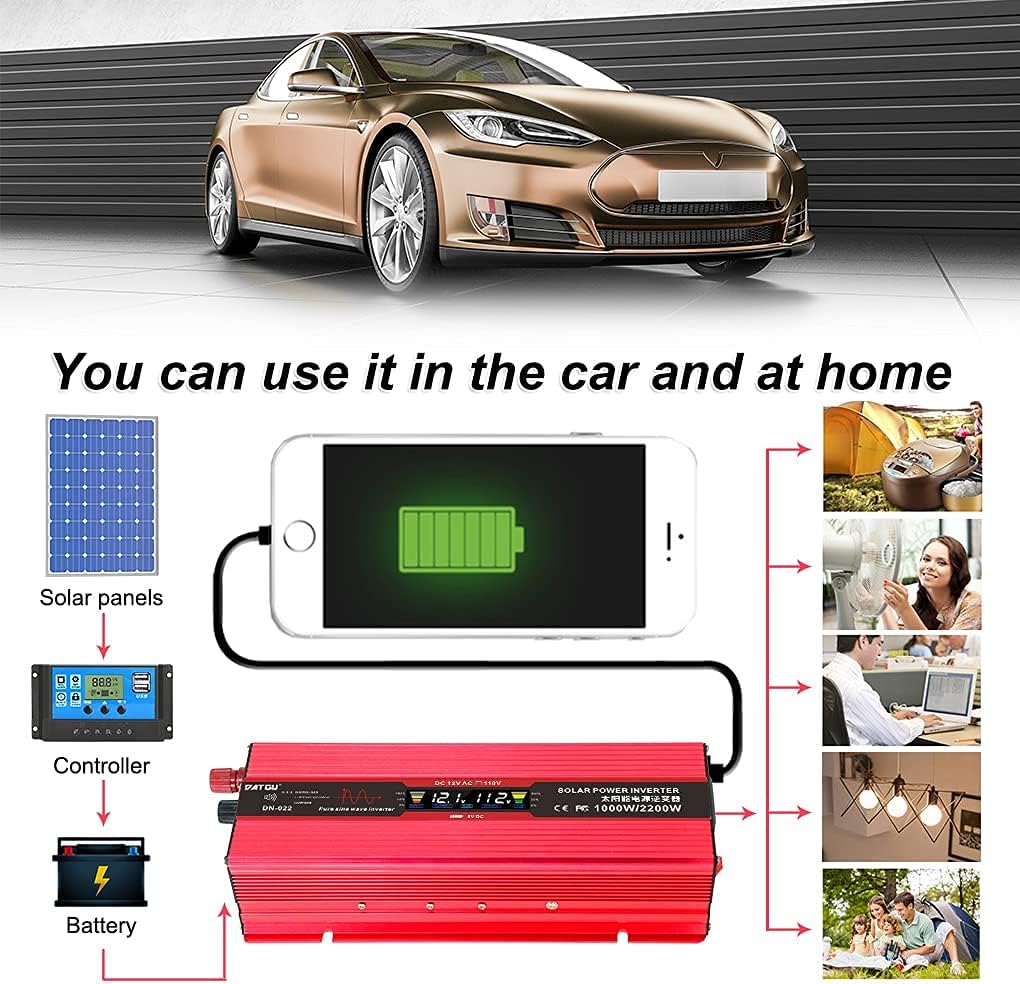 1000W Pure Sine Wave Power Inverter 12V 110V DC to AC Car Inverter with LED Display H5022