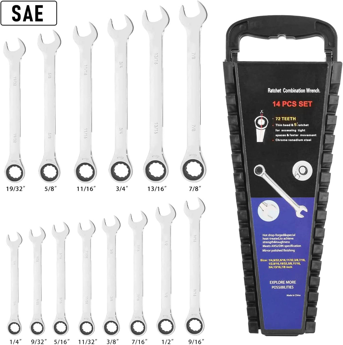 14-Piece Ratcheting Combination Wrench Set, Chrome Vanadium Steel F4841