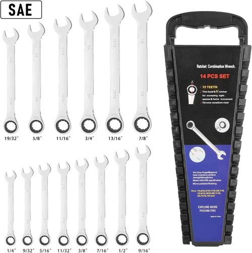 14-Piece Ratcheting Combination Wrench Set, Chrome Vanadium Steel F4841
