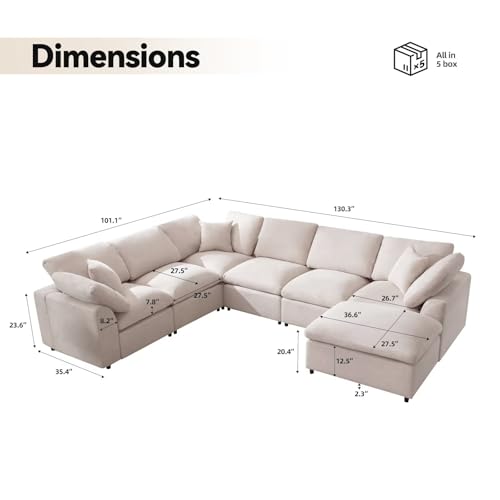 Cream Modular Sectional Sofa with Ottoman 7 Seater L-Shaped X8467