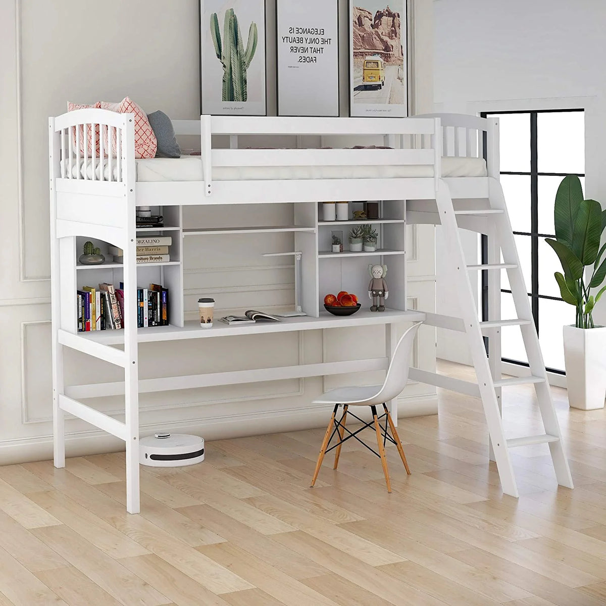 White Twin Size Solid Wood Loft Bed with Desk J829
