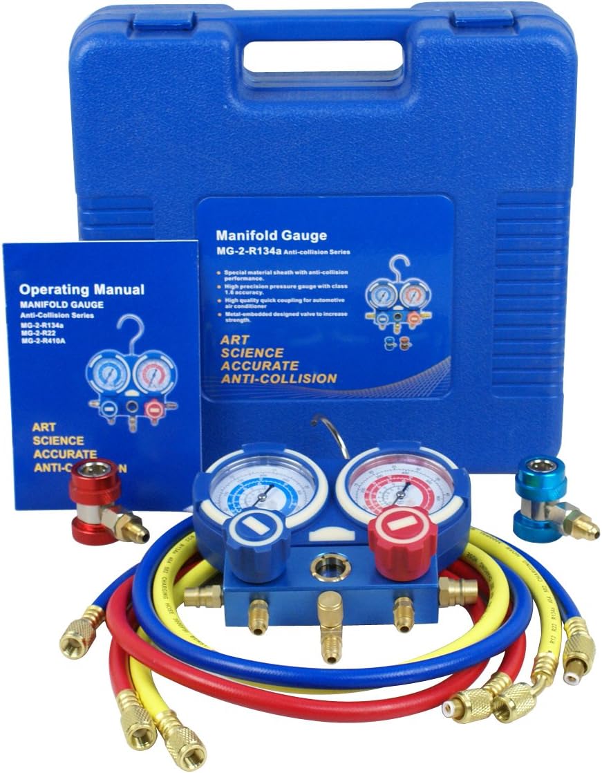 A/C Manifold Gauge Set R134a Refrigeration Kit Brass 4FT w/Case, 1/4 SAE Fittings G335