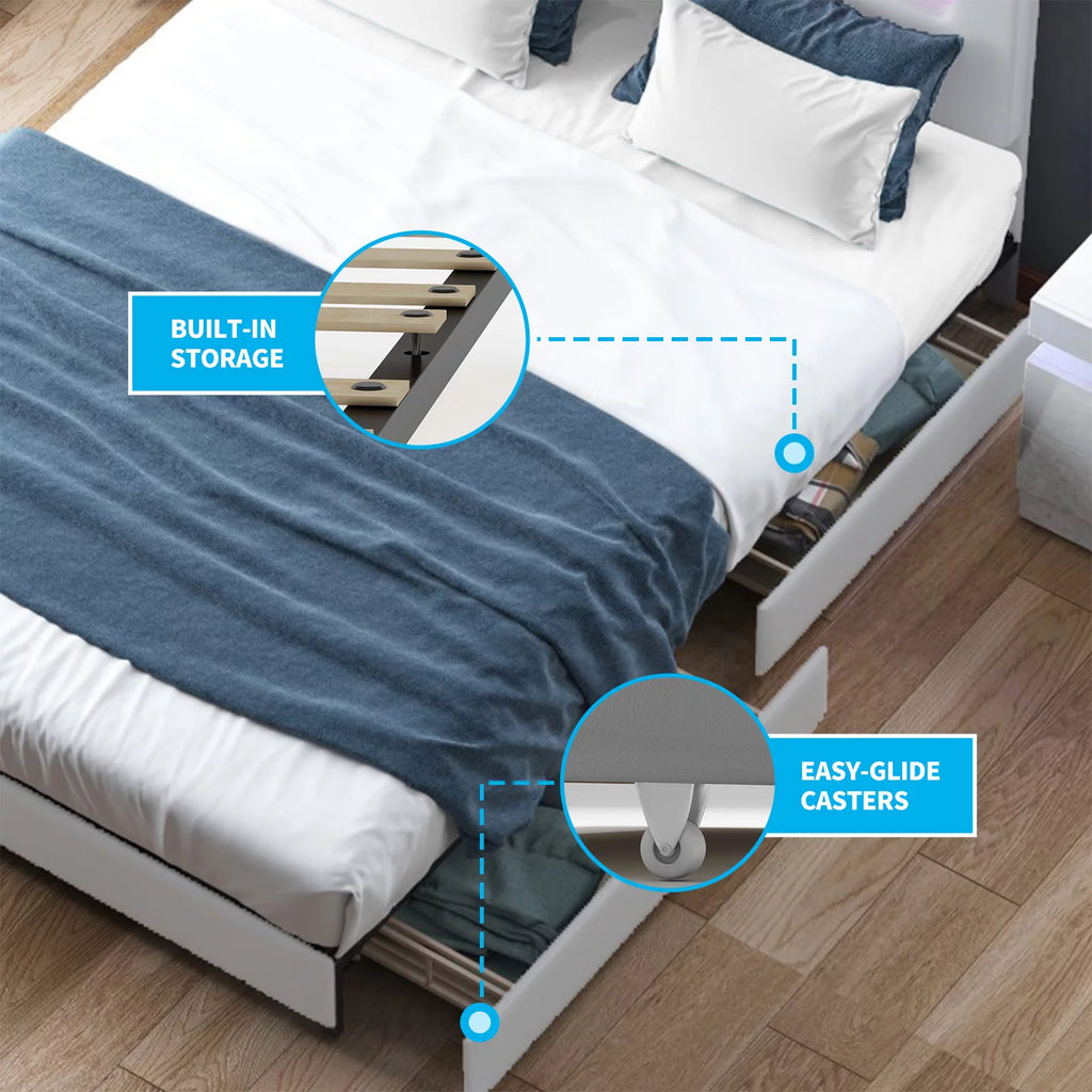 King Bed Frame with 4 Storage Drawers, Adjustable Headboard, White T43213