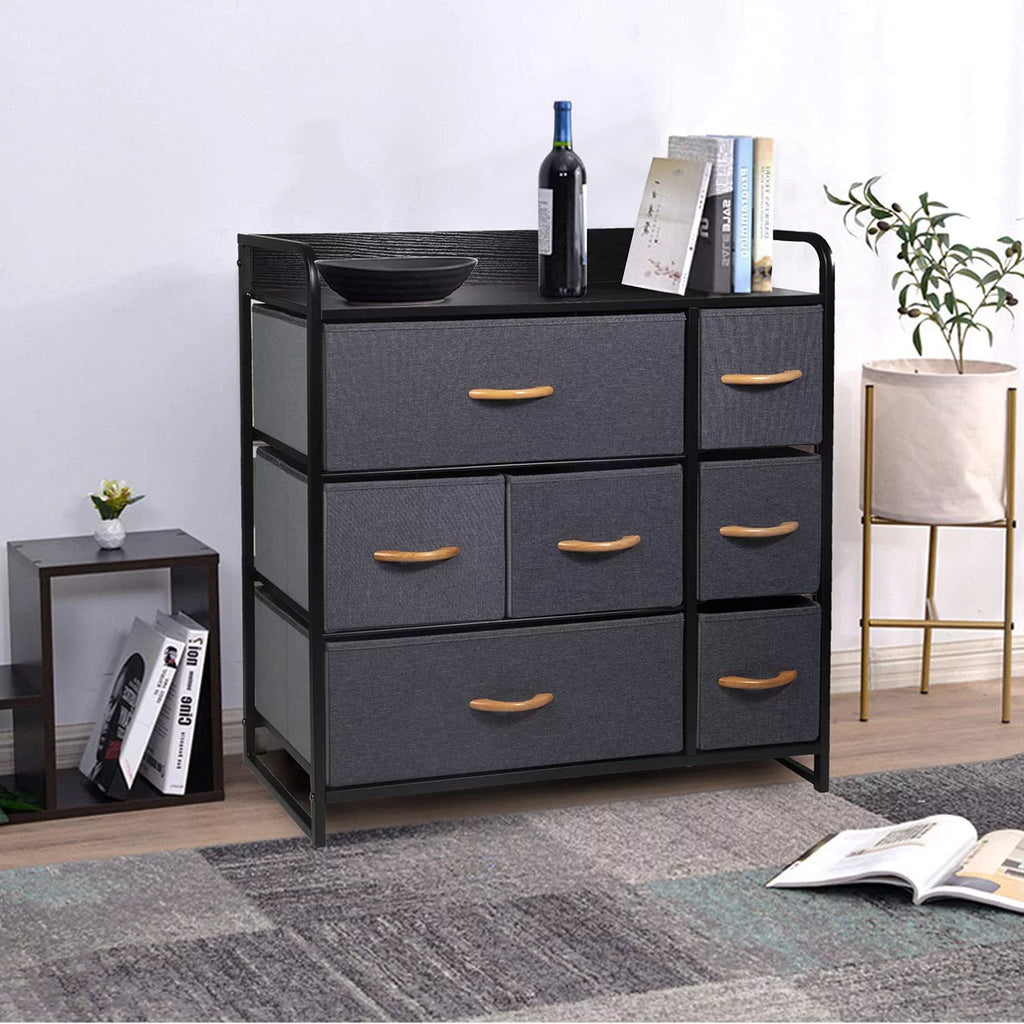 Fabric Storage Dresser with 7 Drawers, Metal Frame and Wooden Top, Dark Grey R56311