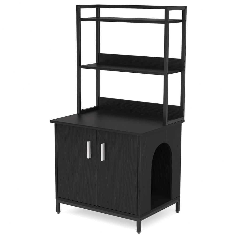 Black Litter Box Enclosure with Shelves and Doors C950