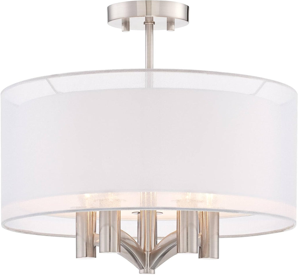 Semi Flush Mount Ceiling Light Brushed Nickel 18 Wide 5-Light White Linen Double Drum Shade S184