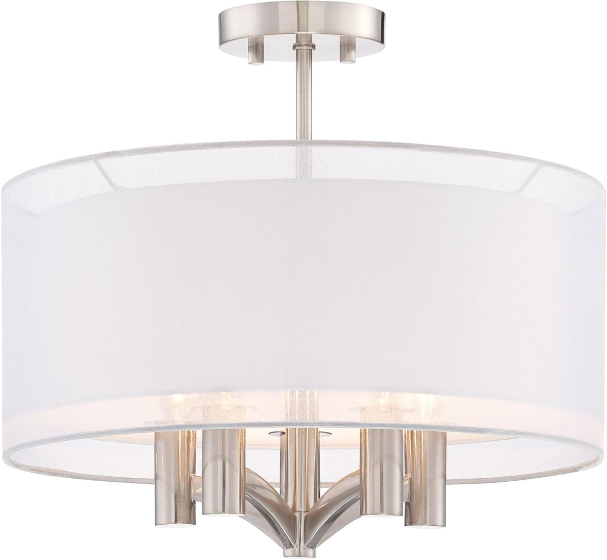 Semi Flush Mount Ceiling Light Brushed Nickel 18 Wide 5-Light White Linen Double Drum Shade S184