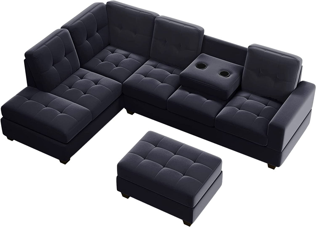 Modern Sectional Sofa with Reversible Chaise, L Shaped Couch Set with Storage Ottoman and Two Cup Holders Z938