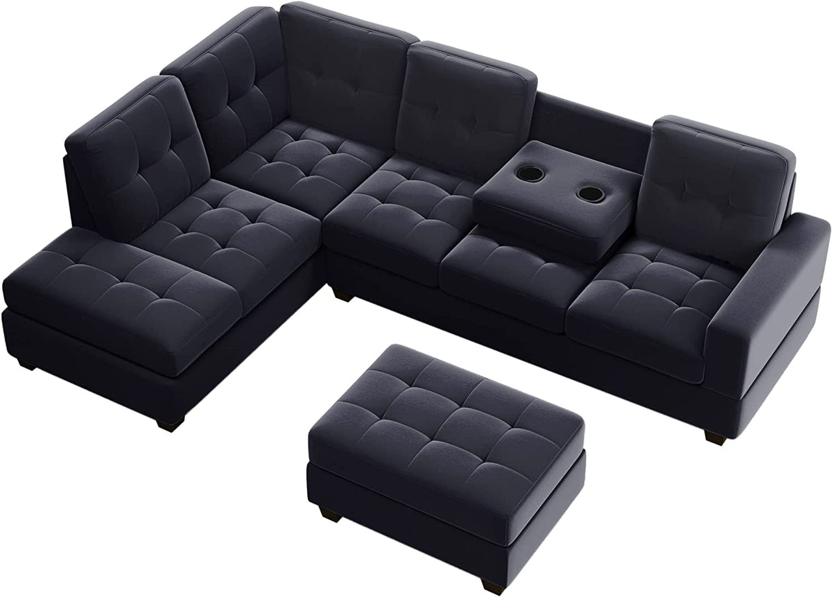Modern Sectional Sofa with Reversible Chaise, L Shaped Couch Set with Storage Ottoman and Two Cup Holders Z938