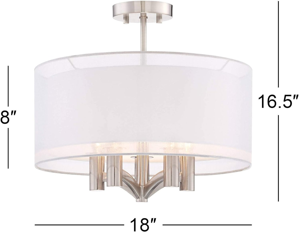 Semi Flush Mount Ceiling Light Brushed Nickel 18 Wide 5-Light White Linen Double Drum Shade S184