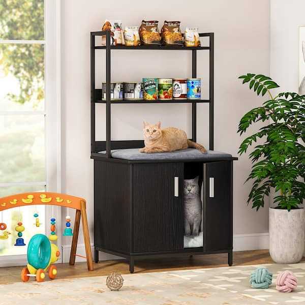 Black Litter Box Enclosure with Shelves and Doors C950
