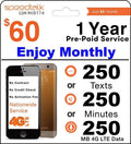 1 Year Prepaid GSM SIM Card - Monthly 250 Talk or 250 Text or 250MB Data No Contract 12 Months Plan B4170