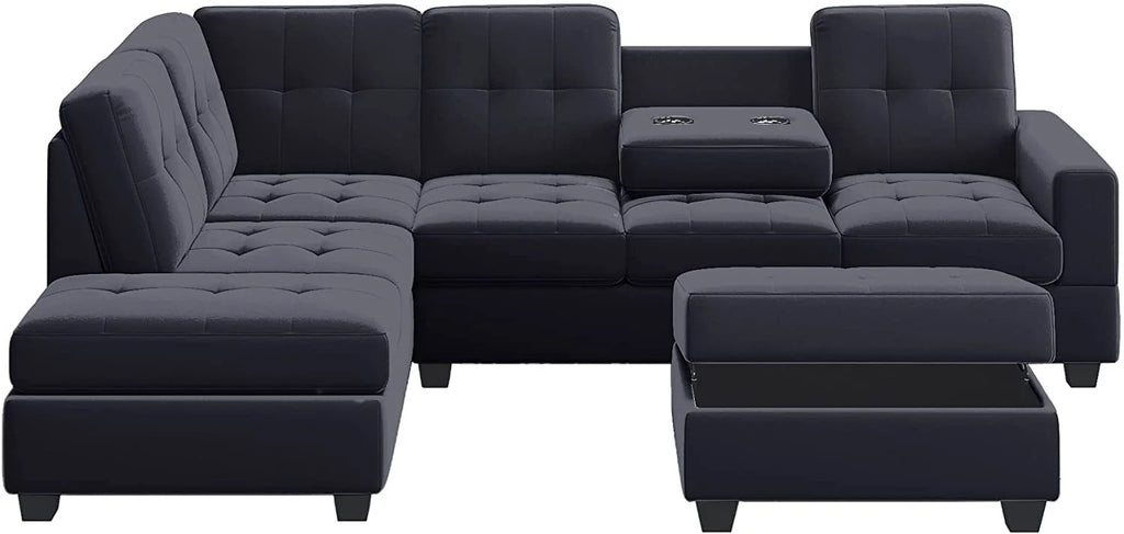 Modern Sectional Sofa with Reversible Chaise, L Shaped Couch Set with Storage Ottoman and Two Cup Holders Z938