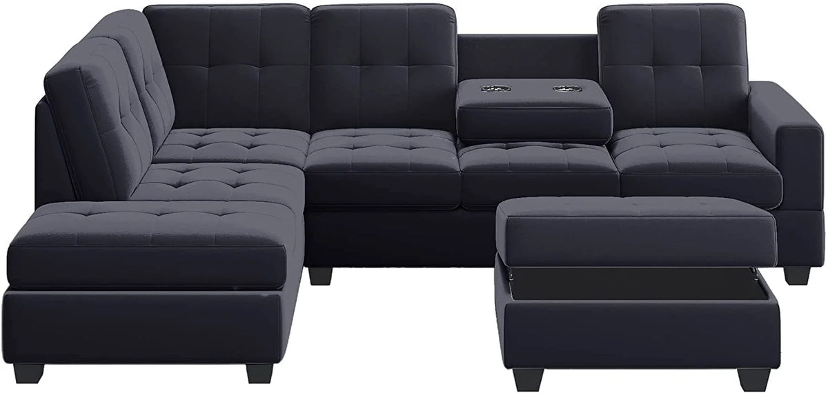 Modern Sectional Sofa with Reversible Chaise, L Shaped Couch Set with Storage Ottoman and Two Cup Holders Z938