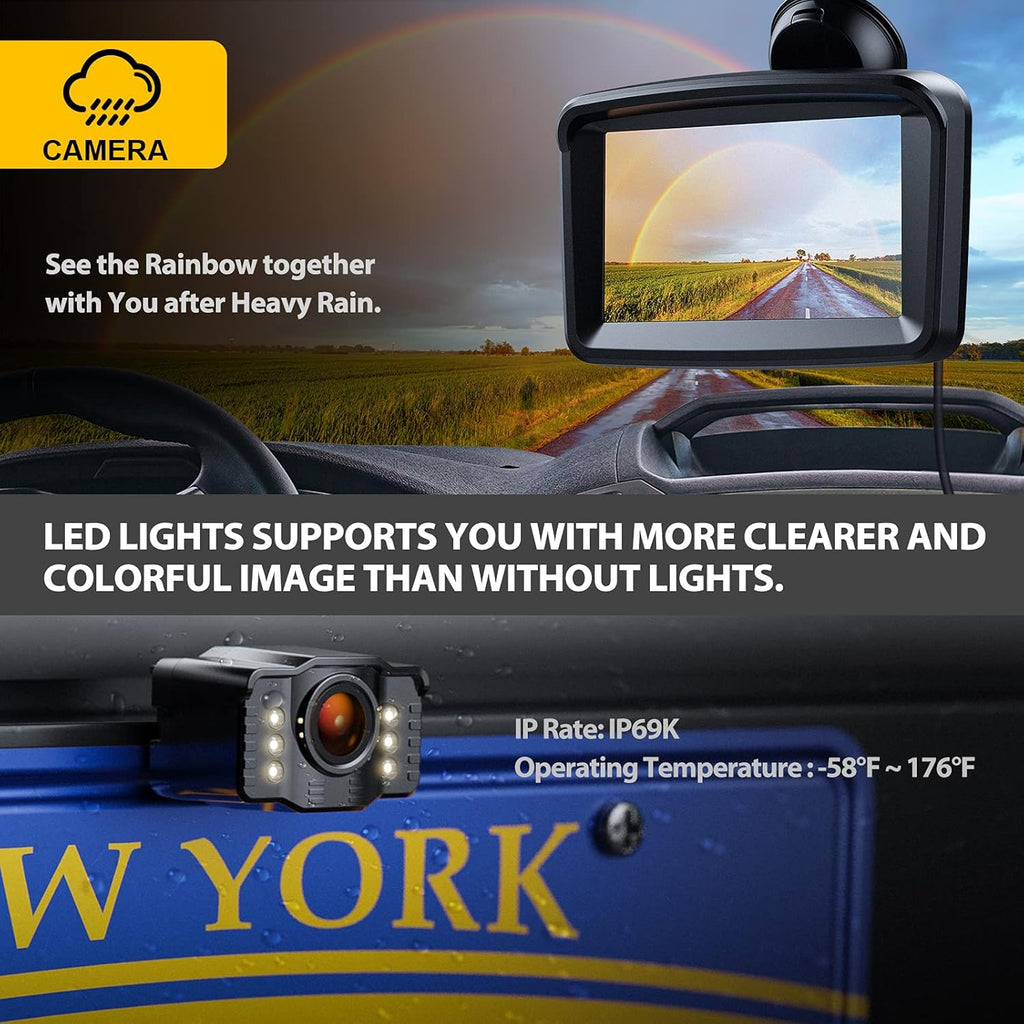 5 Monitor with 1080P Backup Camera for Truck, License Plate 149° Rear View Kits, IP69 Waterproof, Wired Pack of 2 I10939