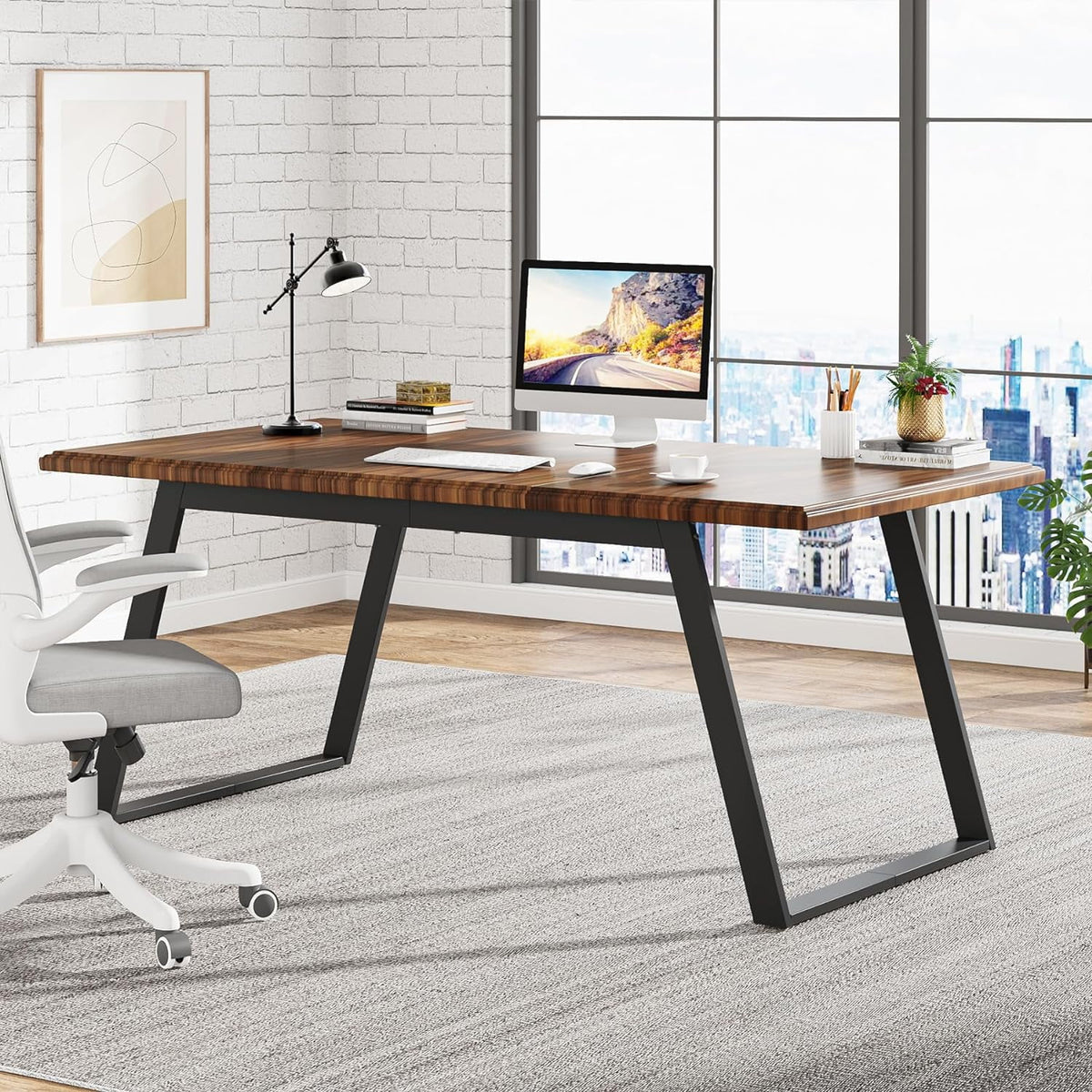 63 Inch Brown Black Office Desk with Metal P521546